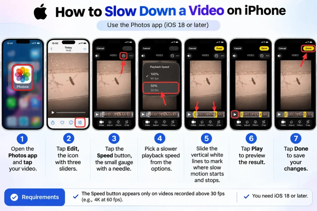 Seven-step infographic showing how to slow down a video on iPhone using the Photos app.