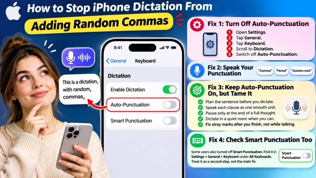 How to stop iPhone Dictation from adding random commas by turning off Auto-Punctuation and checking Smart Punctuation.