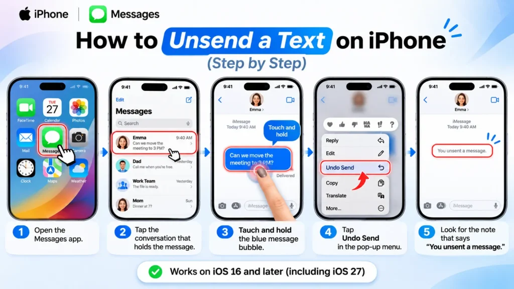 Five-step iPhone Messages tutorial showing how to open a conversation, touch and hold a blue message bubble, tap Undo Send, and confirm the message was unsent.