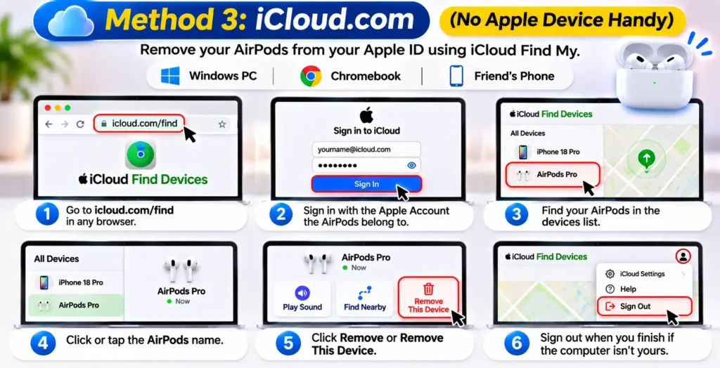 How to remove AirPods from Apple ID at iCloud.com using a web browser