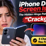 Worried woman holding an iPhone Duo with a damaged inner display showing a bright line near the hinge.