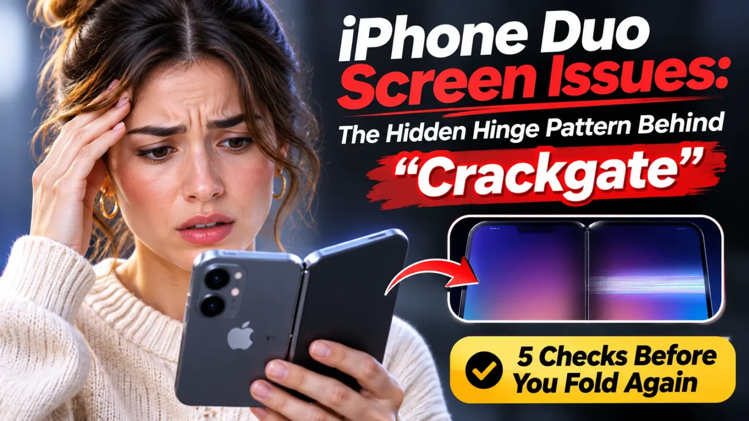 Worried woman holding an iPhone Duo with a damaged inner display showing a bright line near the hinge.