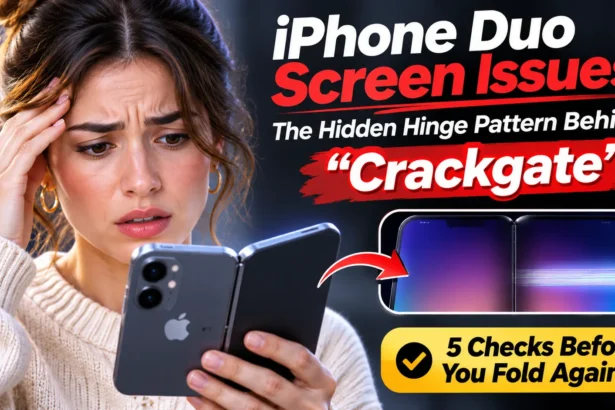Worried woman holding an iPhone Duo with a damaged inner display showing a bright line near the hinge.