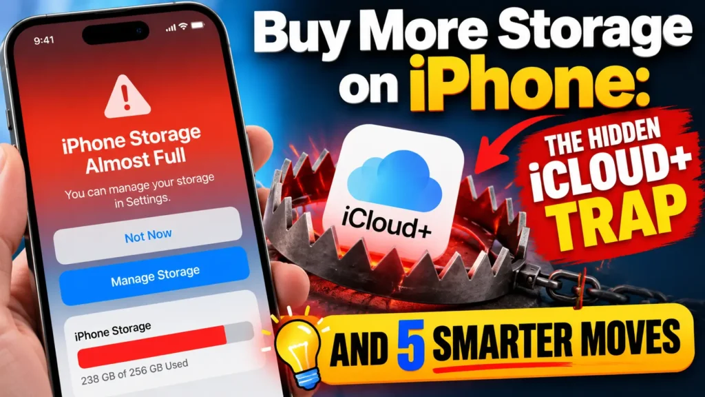 iPhone storage almost full warning beside an iCloud+ icon in a trap, illustrating smarter ways to free up iPhone storage.