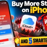 iPhone storage almost full warning beside an iCloud+ icon in a trap, illustrating smarter ways to free up iPhone storage.