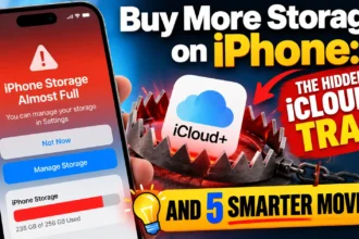 iPhone storage almost full warning beside an iCloud+ icon in a trap, illustrating smarter ways to free up iPhone storage.