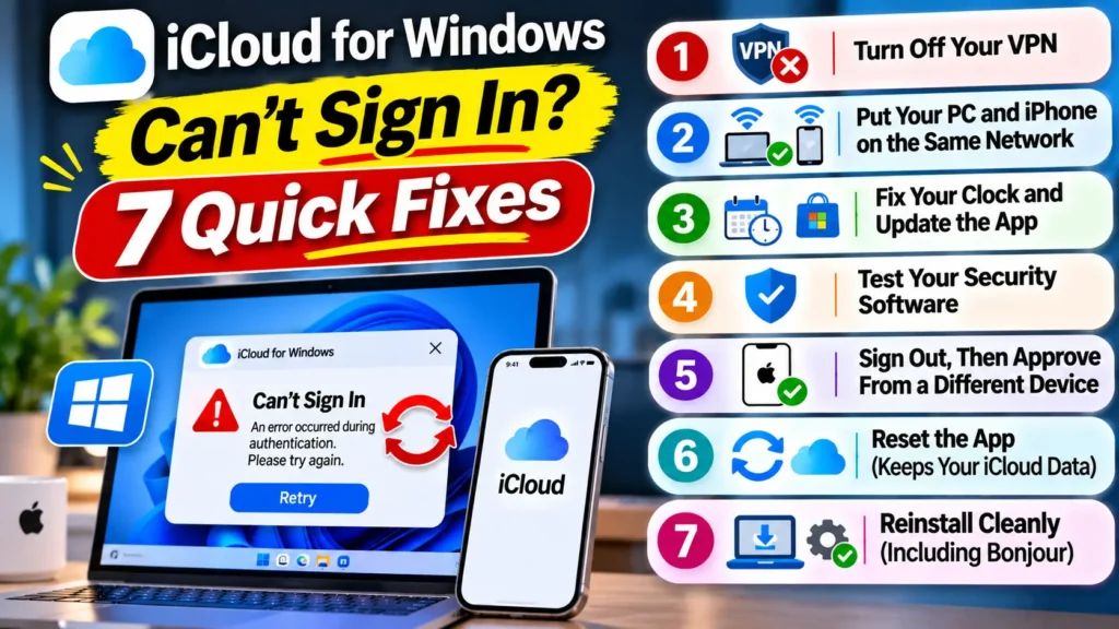 iCloud for Windows login error with seven quick fixes listed beside a laptop and iPhone.