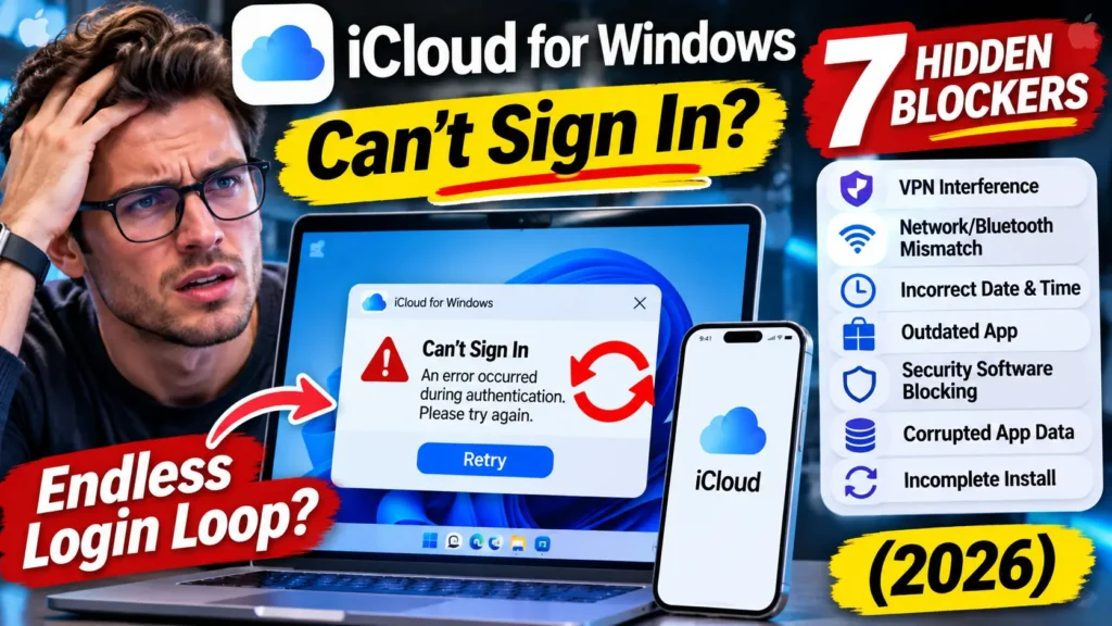 iCloud for Windows sign-in error on a laptop beside an iPhone, showing seven hidden blockers behind the endless login loop.