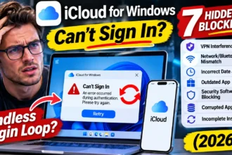 iCloud for Windows sign-in error on a laptop beside an iPhone, showing seven hidden blockers behind the endless login loop.