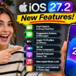 Woman pointing at an iPhone displaying iOS 27.2 with new features including Siri AI, FaceTime, Messages, Apple Music, and smart lock controls.