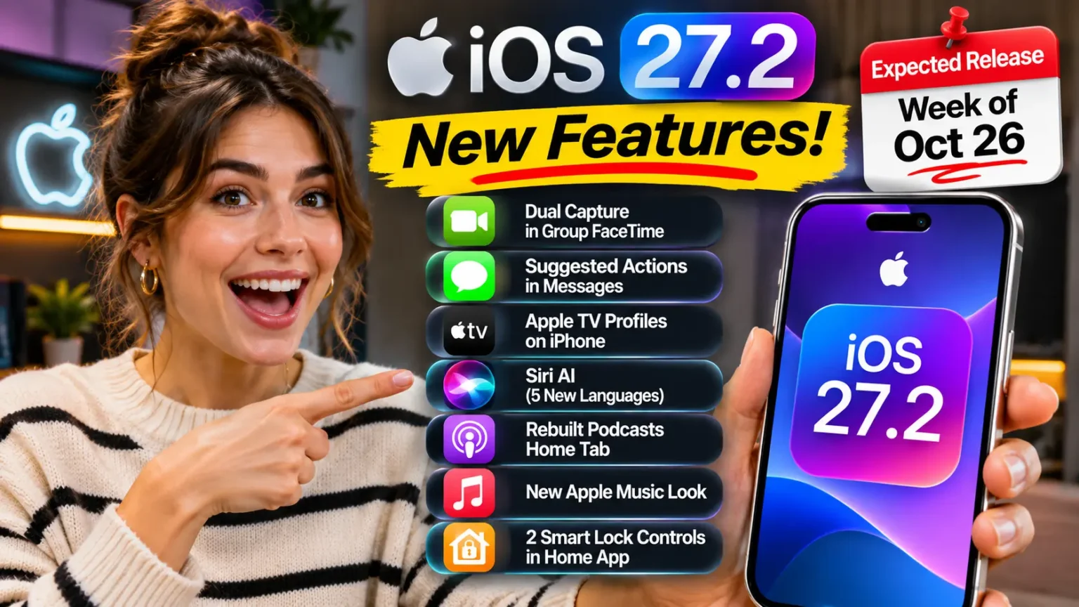 Woman pointing at an iPhone displaying iOS 27.2 with new features including Siri AI, FaceTime, Messages, Apple Music, and smart lock controls.