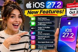 Woman pointing at an iPhone displaying iOS 27.2 with new features including Siri AI, FaceTime, Messages, Apple Music, and smart lock controls.