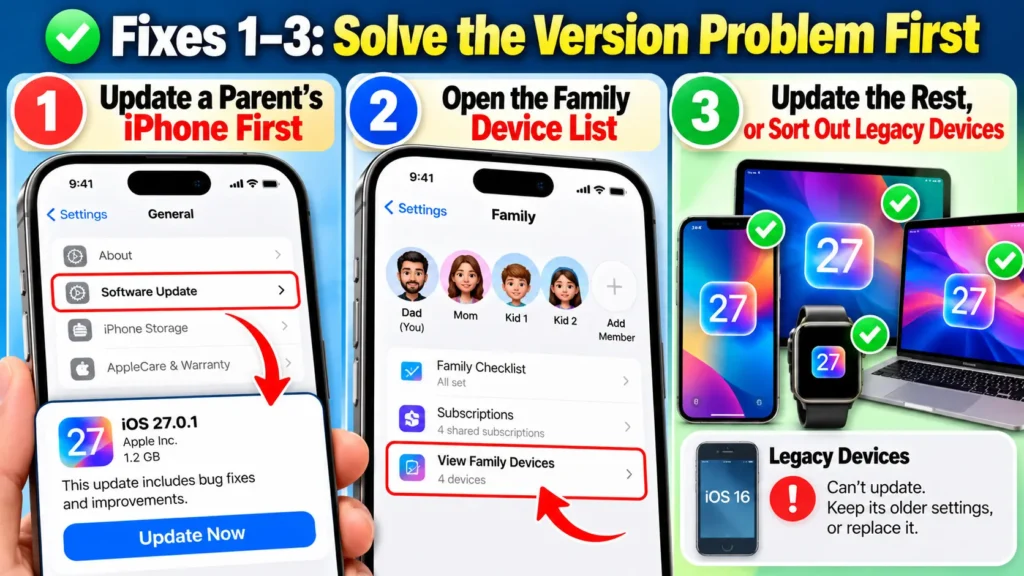 iOS 27 Screen Time fixes showing software updates, Family device list, and legacy devices