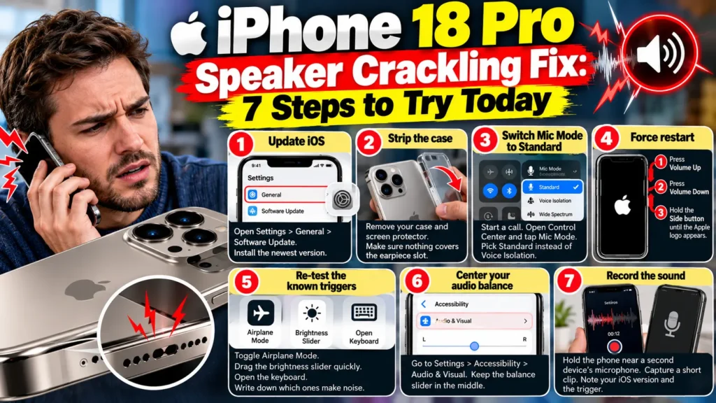 iPhone 18 Pro speaker crackling fix showing 7 troubleshooting steps including updating iOS, removing the case, changing Mic Mode, force restarting, testing triggers, adjusting audio balance, and recording the sound