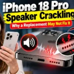 iPhone 18 Pro speaker crackling problem with a close-up of the speaker grille, distorted audio indicators, and a replacement iPhone marked with a red X