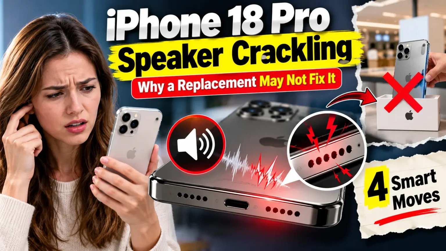 iPhone 18 Pro speaker crackling problem with a close-up of the speaker grille, distorted audio indicators, and a replacement iPhone marked with a red X