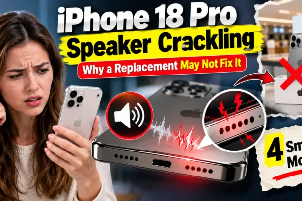 iPhone 18 Pro speaker crackling problem with a close-up of the speaker grille, distorted audio indicators, and a replacement iPhone marked with a red X