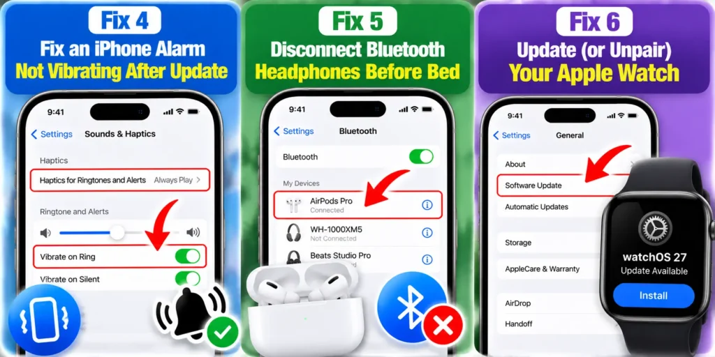 iPhone alarm troubleshooting fixes showing vibration settings, Bluetooth headphone disconnection, and Apple Watch software update.
