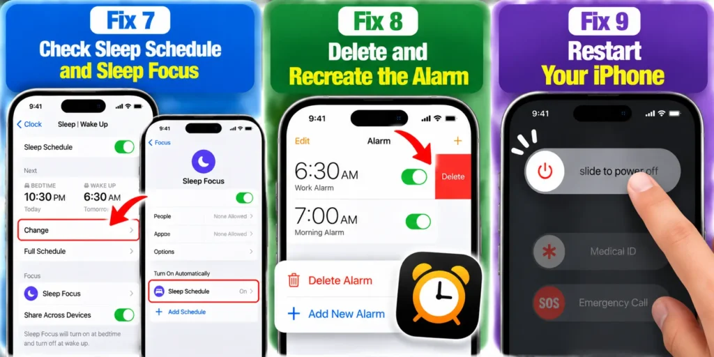 iPhone alarm fixes showing Sleep Schedule settings, deleting and recreating an alarm, and restarting an iPhone.