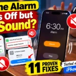 iPhone alarm goes off but makes no sound showing a silent 6:30 AM alarm, muted speaker warning, and iOS 27 troubleshooting settings.