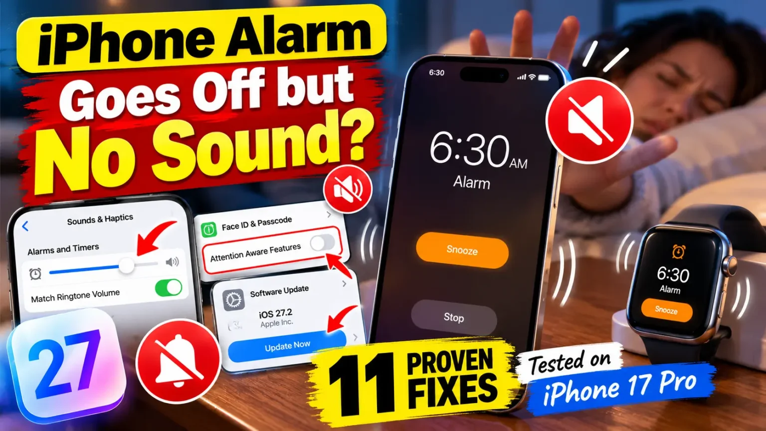 iPhone alarm goes off but makes no sound showing a silent 6:30 AM alarm, muted speaker warning, and iOS 27 troubleshooting settings.