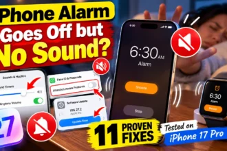 iPhone alarm goes off but makes no sound showing a silent 6:30 AM alarm, muted speaker warning, and iOS 27 troubleshooting settings.