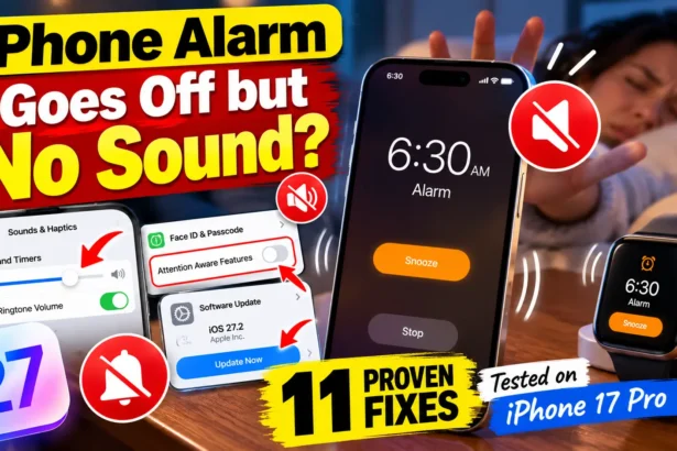iPhone alarm goes off but makes no sound showing a silent 6:30 AM alarm, muted speaker warning, and iOS 27 troubleshooting settings.