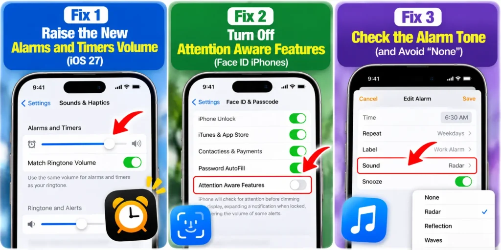 iPhone alarm sound fixes showing Alarms and Timers volume, Attention Aware Features, and alarm tone settings.