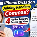 iPhone Dictation adding random commas, with four hidden triggers including auto-punctuation, speech pauses, microphone problems, and keyboard language.