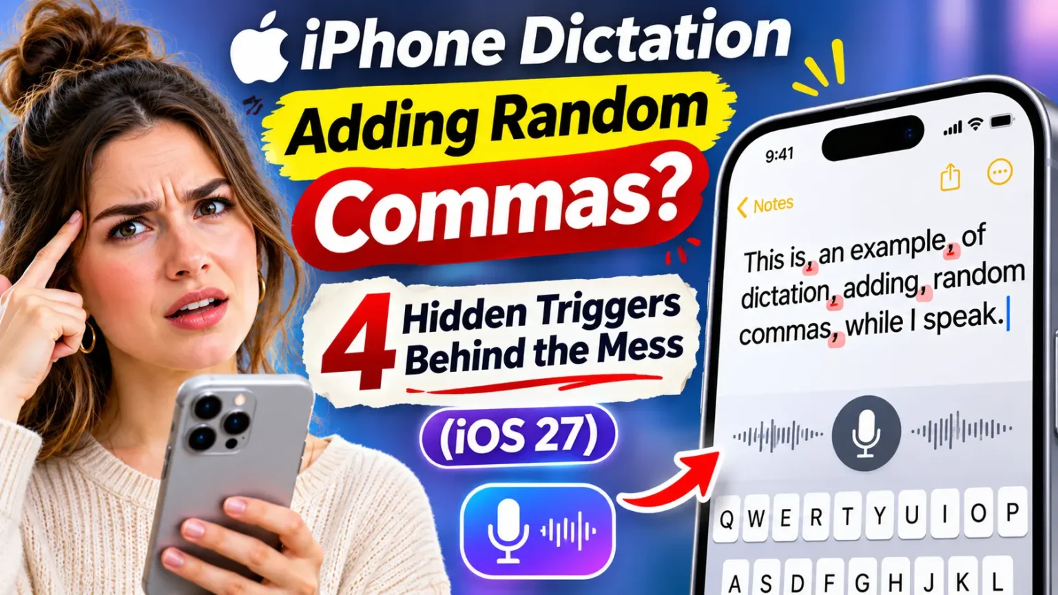 iPhone Dictation adding random commas, with four hidden triggers including auto-punctuation, speech pauses, microphone problems, and keyboard language.