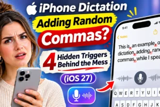 iPhone Dictation adding random commas, with four hidden triggers including auto-punctuation, speech pauses, microphone problems, and keyboard language.