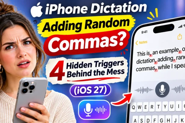 iPhone Dictation adding random commas, with four hidden triggers including auto-punctuation, speech pauses, microphone problems, and keyboard language.