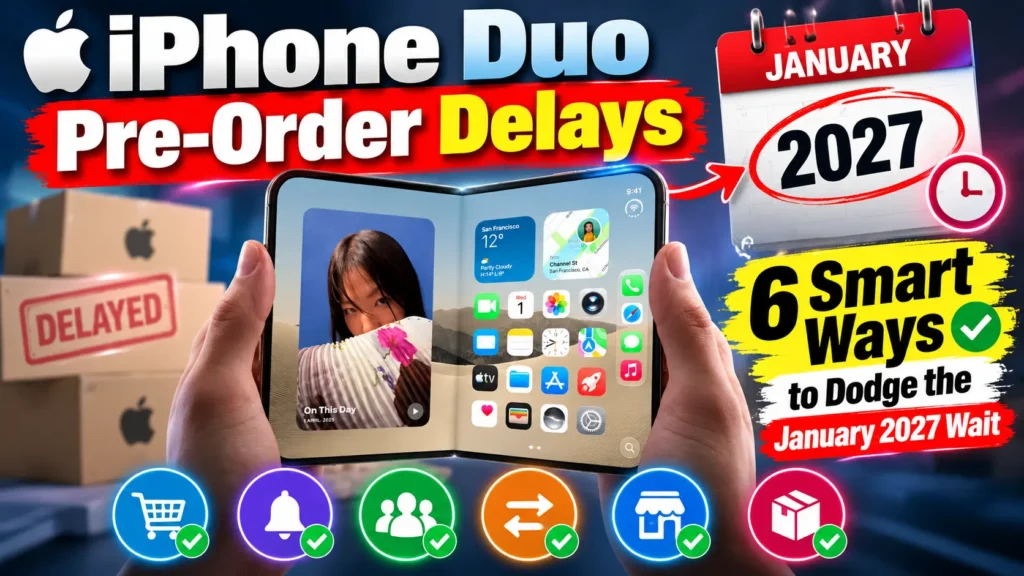 iPhone Duo pre-order delays thumbnail showing January 2027 delivery estimates and six ways to avoid the long wait. Copy alt text