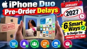 iPhone Duo pre-order delays thumbnail showing January 2027 delivery estimates and six ways to avoid the long wait. Copy alt text