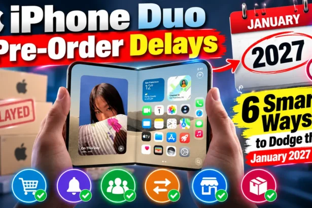 iPhone Duo pre-order delays thumbnail showing January 2027 delivery estimates and six ways to avoid the long wait. Copy alt text