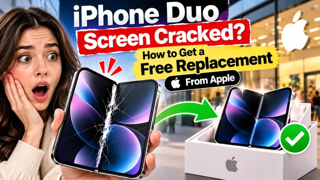 iPhone Duo with cracked inner foldable screen showing how to get a free replacement from Apple