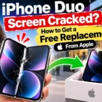 iPhone Duo with cracked inner foldable screen showing how to get a free replacement from Apple