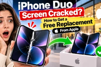 iPhone Duo with cracked inner foldable screen showing how to get a free replacement from Apple