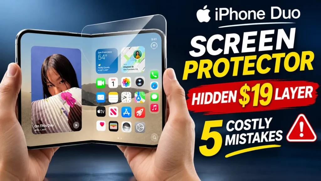 iPhone Duo held in two hands with a screen protector film peeling back, illustrating the hidden $19 cover layer replacement and five screen protector mistakes to avoid.