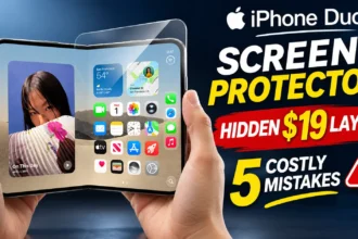 iPhone Duo held in two hands with a screen protector film peeling back, illustrating the hidden $19 cover layer replacement and five screen protector mistakes to avoid.