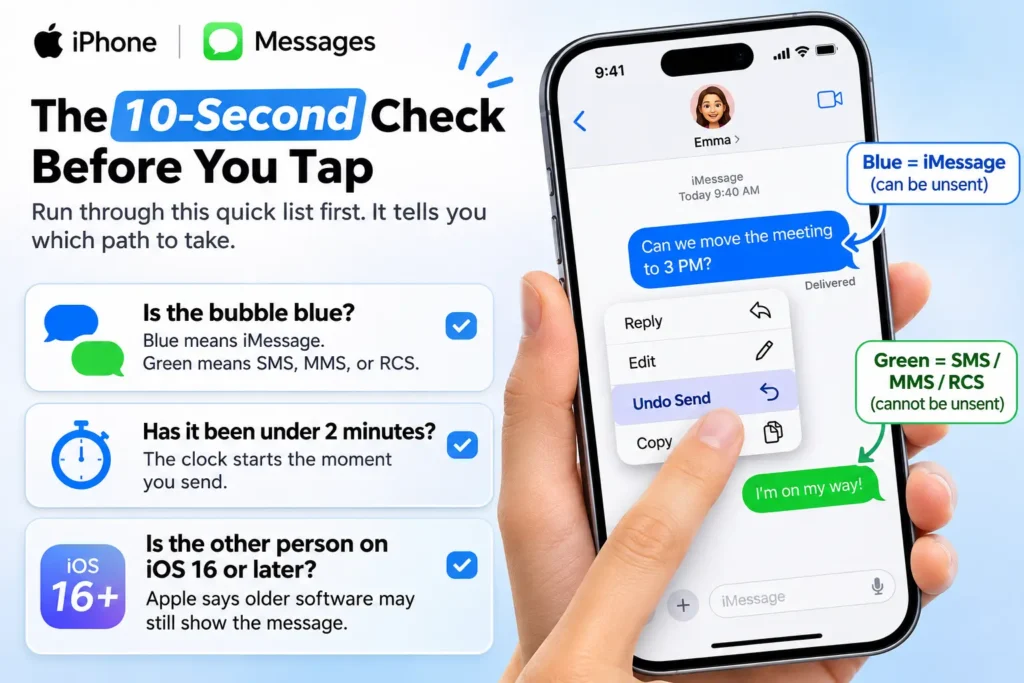 An iPhone Messages checklist showing blue and green message bubbles, the 2-minute Undo Send limit, and iOS 16 compatibility.