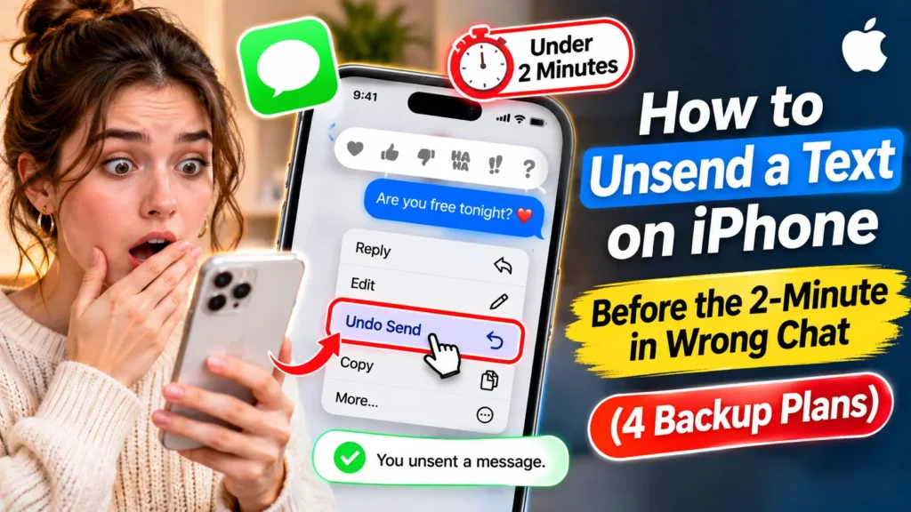 Worried woman holding an iPhone beside a Messages screen with Undo Send highlighted, a 2-minute limit reminder, and four backup plans for a text sent to the wrong chat.