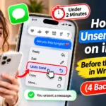 Worried woman holding an iPhone beside a Messages screen with Undo Send highlighted, a 2-minute limit reminder, and four backup plans for a text sent to the wrong chat.