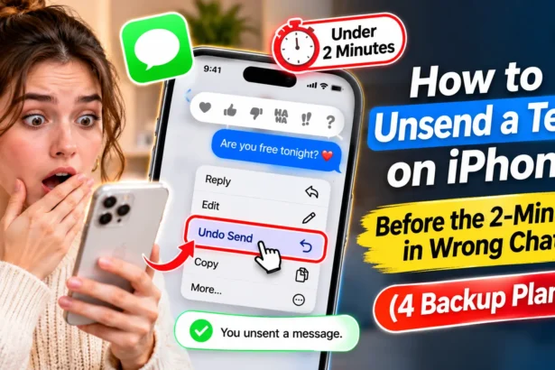 Worried woman holding an iPhone beside a Messages screen with Undo Send highlighted, a 2-minute limit reminder, and four backup plans for a text sent to the wrong chat.