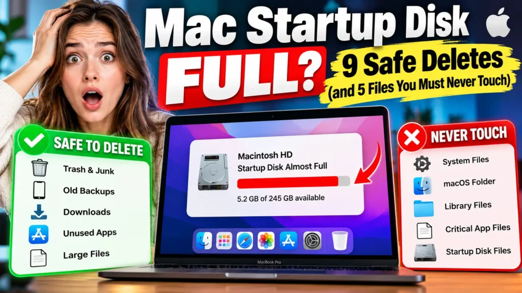 MacBook showing a nearly full Macintosh HD startup disk, with a green safe-to-delete checklist and a red never-touch checklist beside a surprised woman.