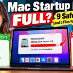 MacBook showing a nearly full Macintosh HD startup disk, with a green safe-to-delete checklist and a red never-touch checklist beside a surprised woman.