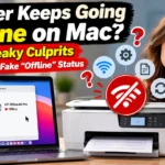 Printer keeps going offline on Mac showing an offline printer status on a MacBook beside a wireless printer and a puzzled woman.