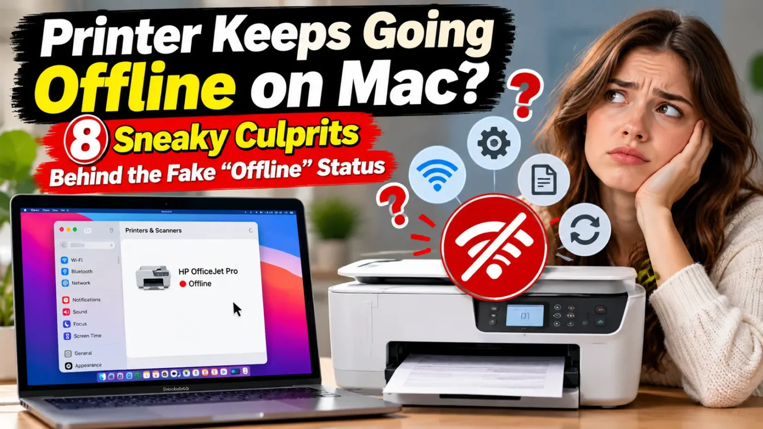 Printer keeps going offline on Mac showing an offline printer status on a MacBook beside a wireless printer and a puzzled woman.