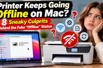 Printer keeps going offline on Mac showing an offline printer status on a MacBook beside a wireless printer and a puzzled woman.