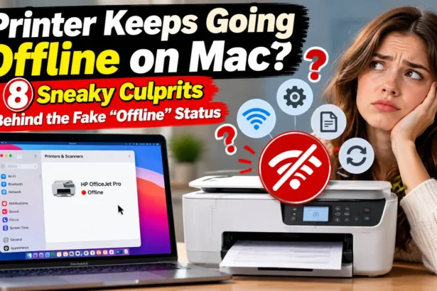 Printer keeps going offline on Mac showing an offline printer status on a MacBook beside a wireless printer and a puzzled woman.